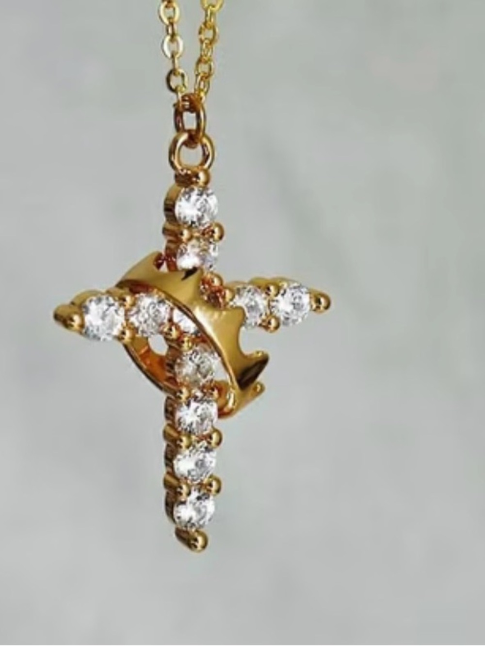 Gold Cross Pendant Necklace with crown and Crystal Accents
